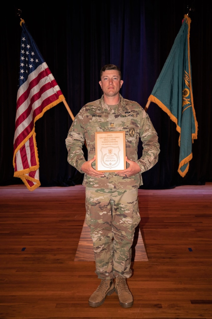 Maj. Ian Swisher, executive officer of the 103rd Brigade Engineer Battalion, 56th Stryker Brigade Combat, placed second overall at the 2023 U.S. Army Small Arms Championships March 12-18 at Fort Benning, Georgia.