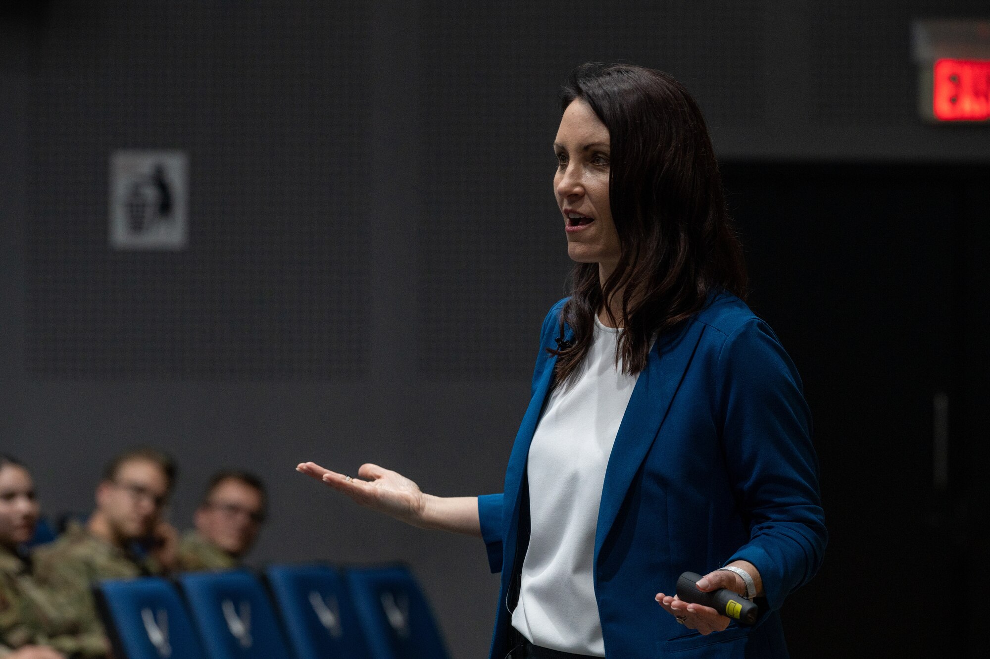 Dr. Jannell MacAulay, a strategic health and human performance specialist, teaches Airmen how to command their mindset and better their mental health at Ali Al Salem Air Base, Kuwait, March 20, 2023. Dr. MacAulay specializes in creating high-performing organizations that are more aware, authentic, and connected at work and at home. As one of the four pillars of comprehensive fitness, mental fitness is critical to Airmen’s overall health and is all the more important in a deployed environment. (U.S. Air Force photo by Senior Airman Devan Halstead)
