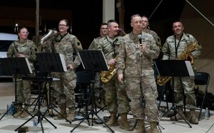 Members of the U.S. Army 28th Infantry Division Band perform a variety of songs at Prince Sultan Air Base, Saudi Arabia, March 21, 2023. The band is Pennsylvania’s oldest professional music performance group with a history of uninterrupted service of more than 60 years. (U.S. Air Force photo by Senior Airman Stephani Barge)