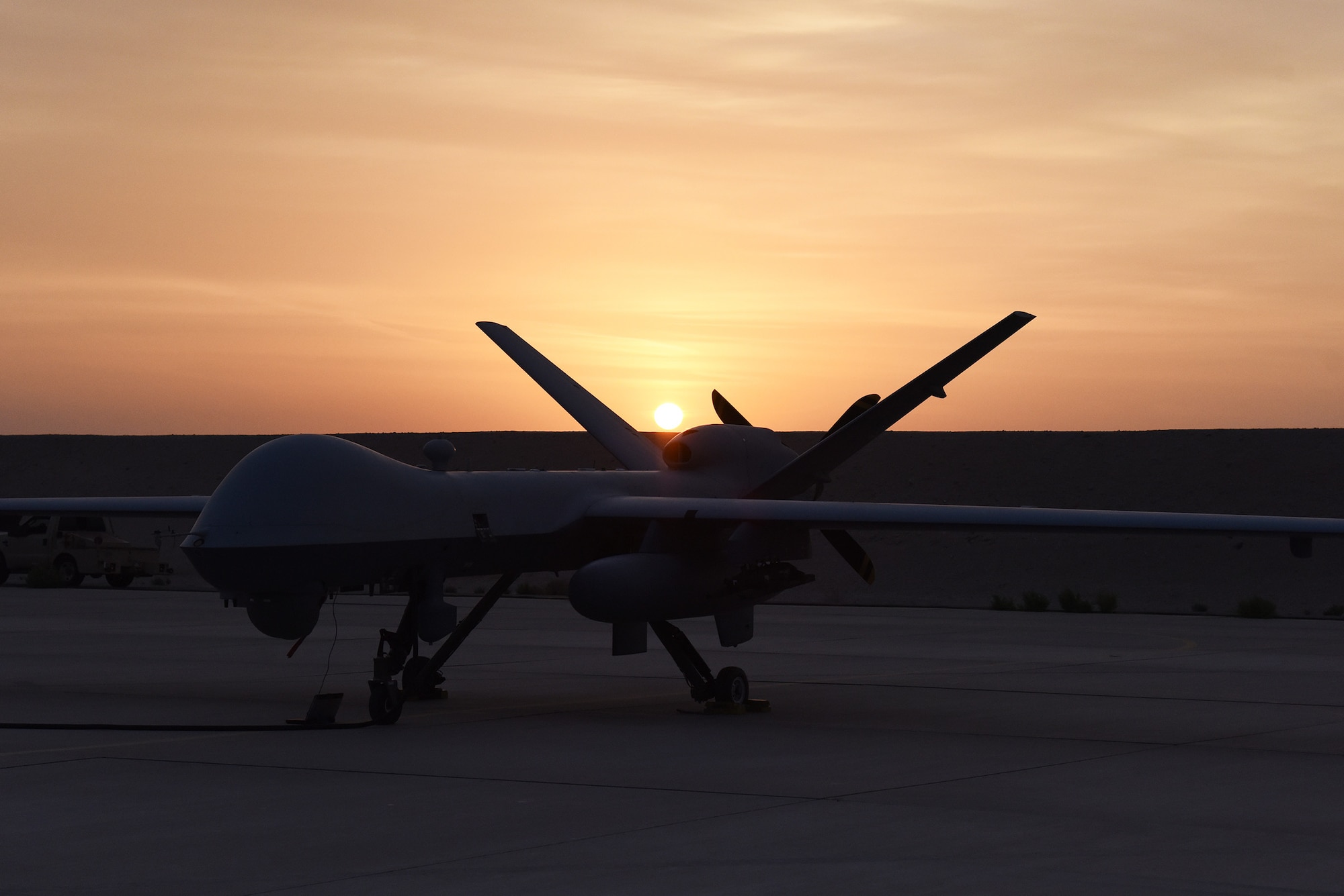 A U.S. Air Force MQ-9 Reaper assigned to the 62nd Expeditionary Attack Squadron at Al Dhafra Air Base, United Arab Emirates, prepares to taxi and launch during Operation Agile Spartan 4 March 10, 2023. Operation Agile Spartan 4 tested Al Dhafra AB’s Multi-Capable Airmen’s abilities to launch, receive, and recover air frames in remote locations. (U.S. Air Force photo by Tech. Sgt. Chris Jacobs/released)