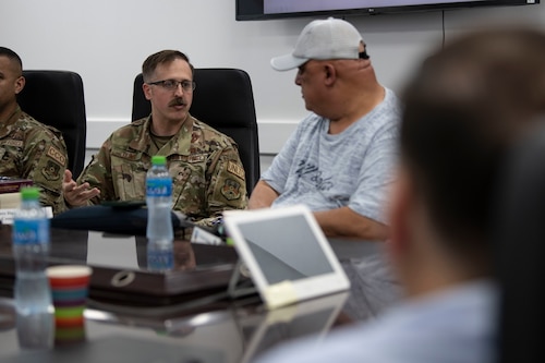 U.S. Air Force Maj. James Dunn, the 386th Expeditionary Contracting Squadron commander, briefs Kuwaiti newspaper journalists about the partnership the squadron has with local Kuwaiti vendors during Media Day at Ali Al Salem Air Base, Kuwait, March 21, 2023.