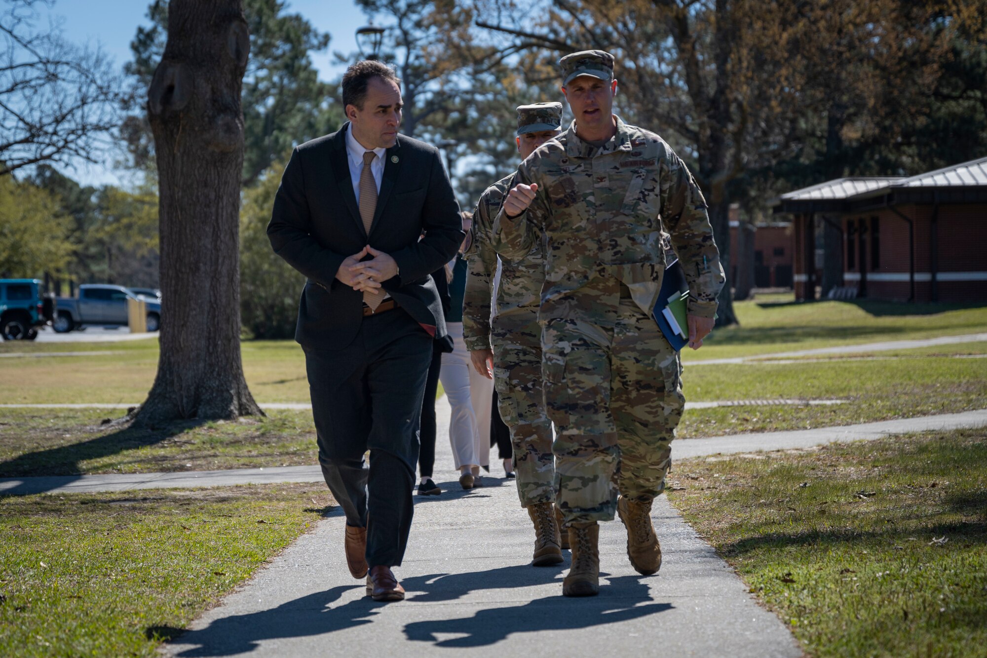 The Honorable Wiley Nickel, left, North Carolina congressman, walks with Col. Lucas Teel, 4th Fighter Wing commander, at Seymour Johnson Air Force Base, North Carolina, March 15, 2023. Nickel is a representative for North Carolina’s 13th district and visited Seymour Johnson AFB to learn more about its mission.