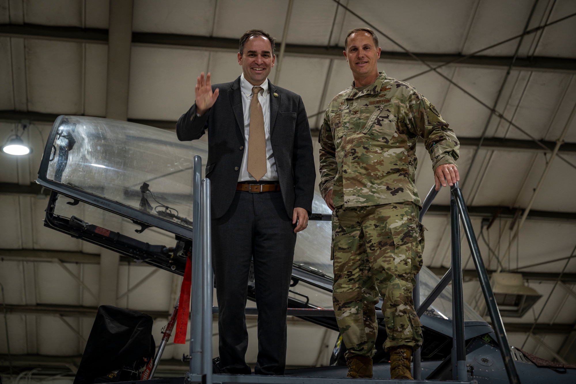 The Honorable Wiley Nickel, left, North Carolina congressman, poses for a photo with Col. Lucas Teel, 4th Fighter Wing commander, at Seymour Johnson Air Force Base, North Carolina, March 15, 2023. Nickel visited the installation to discuss quality of life changes the state of North Carolina is making.