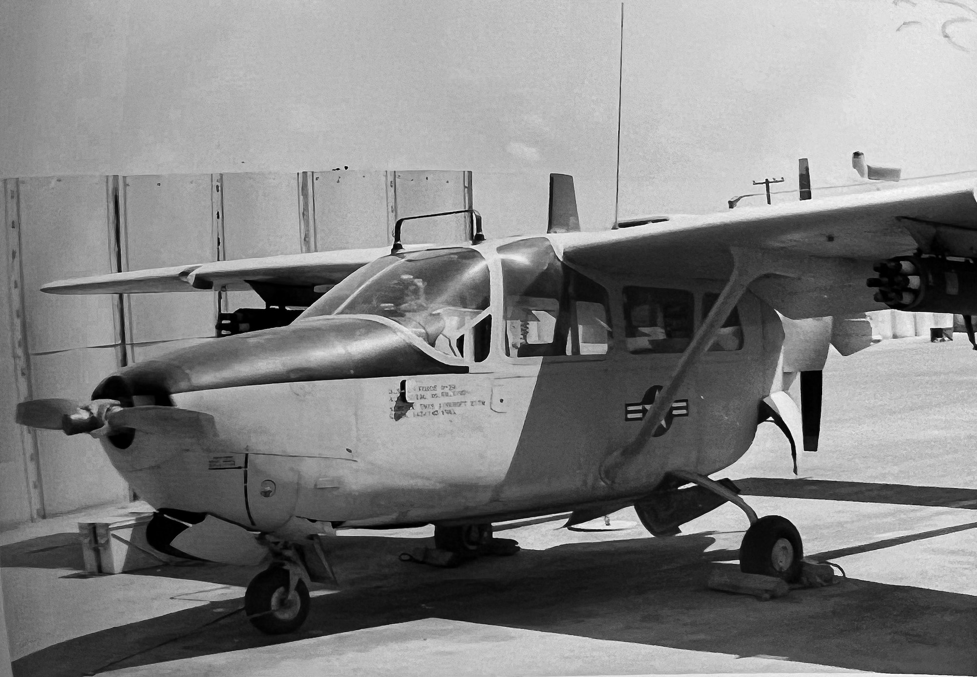 A U.S. Air Force O-2 Skymaster, flown by retired Brig. Gen. Kenneth J. Stromqist, is parked at the 19th Tactical Air Support Squadron (TASS) on Tan Son Nhut Airbase, III Corps, South Vietnam in 1970.