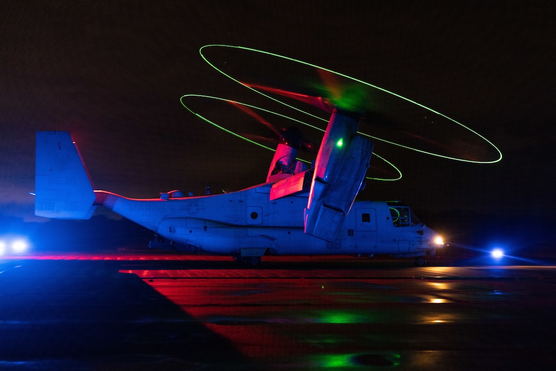 A MV-22 Osprey assigned to the 26th Marine Expeditionary Unit prepare to take off marking the start of a simulated tactical recovery of aircraft personnel during MEU Exercise III on Marine Corps Auxiliary Field Bogue, North Carolina, March 10, 2023. TRAP is a contingency mission utilized to rapidly respond to downed aircraft, and to recover personnel from isolated locations during deployment.