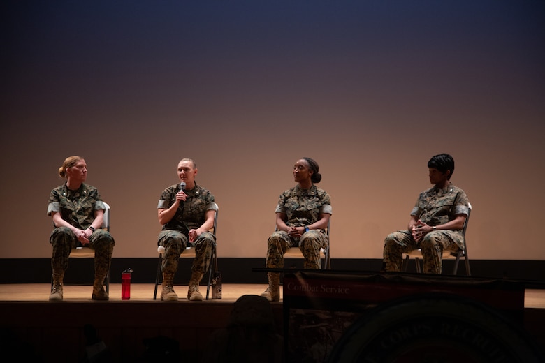 U.S. Marine Corps Lt. Col. Christie R. Everett speaks at the Women’s History Month Panel at the Base Theater on Marine Corps Base Camp Lejeune, North Carolina, March 16, 2023.  Women’s History Month is a celebration of women's contributions to history, culture and society and has been observed annually in the month of March in the United States since 1987.