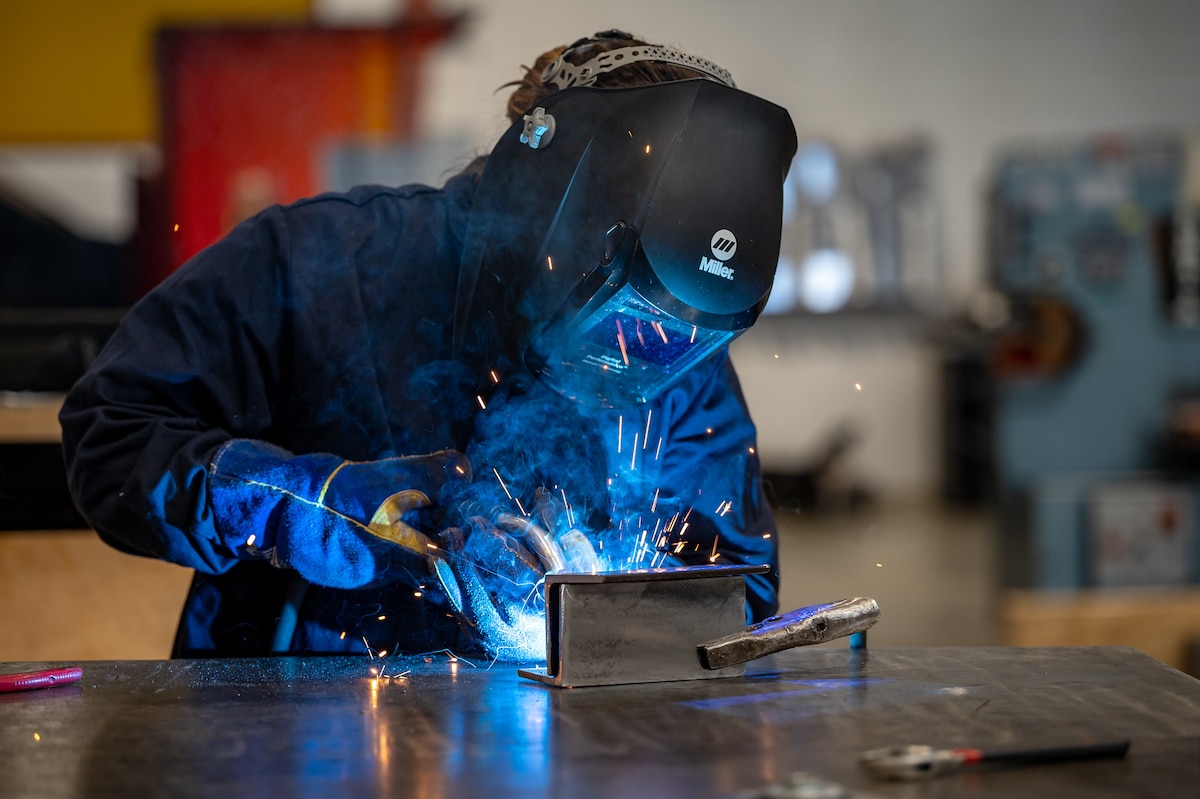 Airman 1st Class Kyla Gish , a 349 Maintenance Squadron aircraft metals technician welds repair support equipment pieces , March 8, 2023.