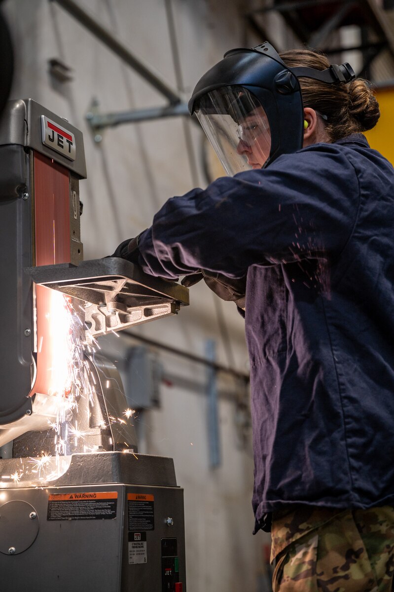 Airman 1st Class Kyla Gish , a 349 Maintenance Squadron aircraft metals technician welds repair support equipment pieces , March 8, 2023.