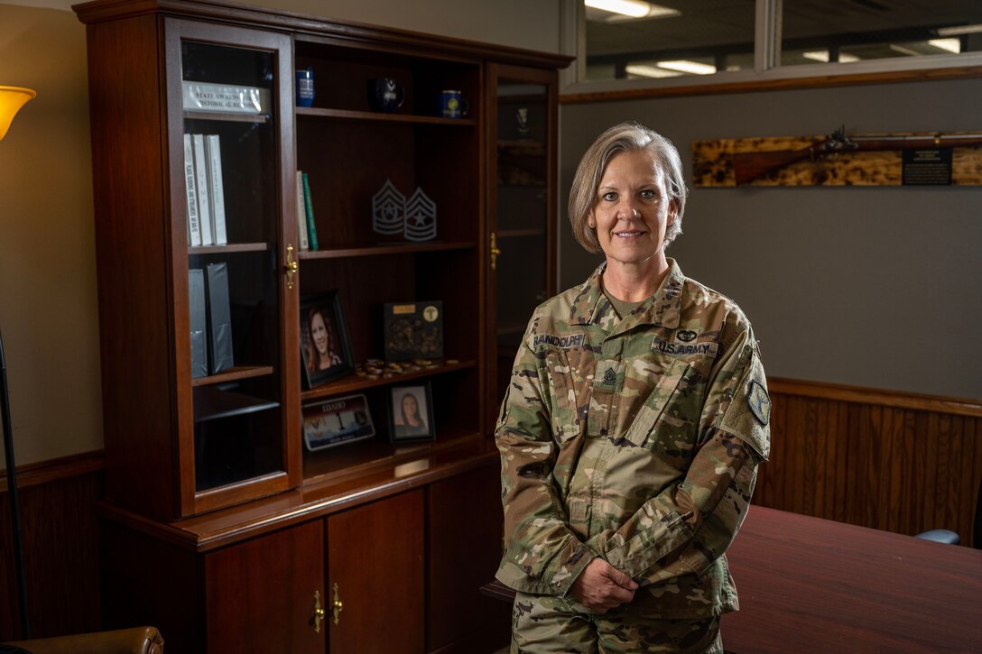Command Sgt. Maj. Alice Randolph, the Idaho Army National Guard’s first female senior enlisted leader, at Gowen Field, Boise, Idaho, March 23, 2023. She will serve the IDARNG’s enlisted members by communicating directly with the state’s commanding general on their behalf and interpreting National Guard Bureau policy for implementation across the organization.