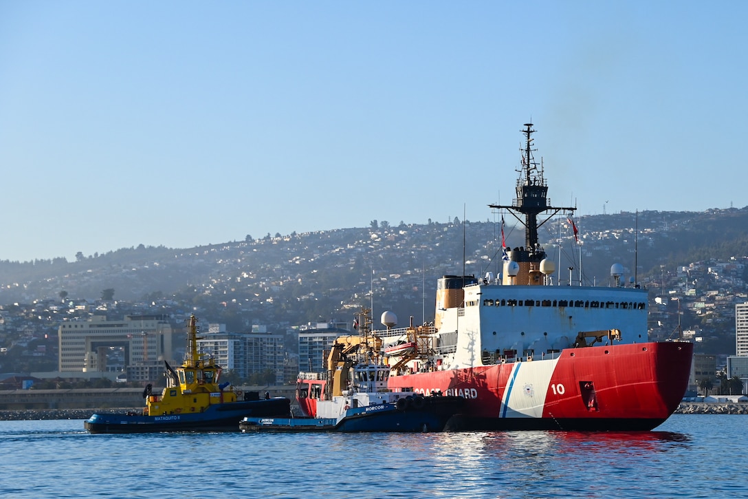 U.S. Coast Guard Cutter Polar Star (WAGB 10) and crew arrive in Valparaiso, Chile, March 18, 2023. The Polar Star and crew completed Operation Deep Freeze 2023, and Chile has been a partner in supporting this annual mission, which is emblematic of the deep and enduring military and scientific collaboration the U.S. has with Chile. (U.S. Coast Guard photo by Senior Chief Petty Officer Charly Tautfest)