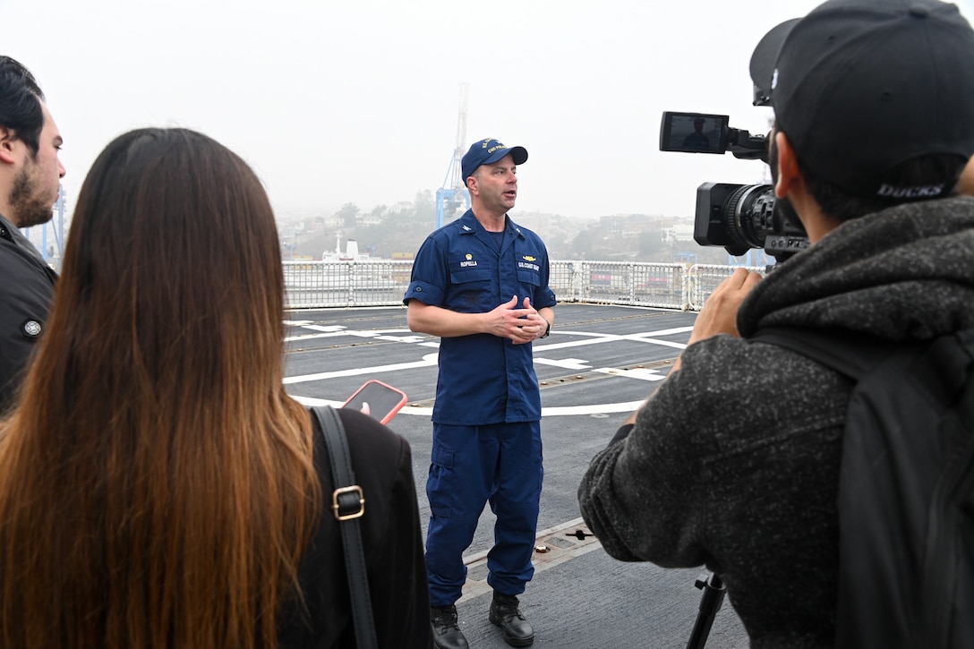 U.S. Coast Guard Capt. Keith Ropella gives opening remarks to media aboard the U.S. Coast Guard Cutter Polar Star (WAGB 10) while moored in Valparaiso, Chile, March 21, 2023. The Polar Star and crew recently completed Operation Deep Freeze 2023 mission and made a port call in Valparaiso for international engagements and a logistics stop. (U.S. Coast Guard photo by Senior Chief Petty Officer Charly Tautfest)