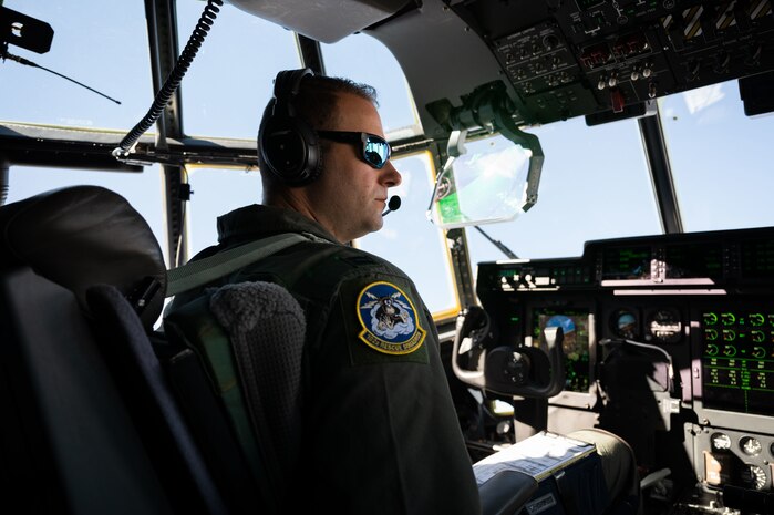 U.S. Air Force Capt. Tom Madigan, an aircraft commander assigned to the 102nd Rescue Squadron, New York Air National Guard,  pilots an HC-130J Combat King II during Red Flag-Nellis 23-2 at Nellis Air Force Base, Nevada, March 16, 2023.