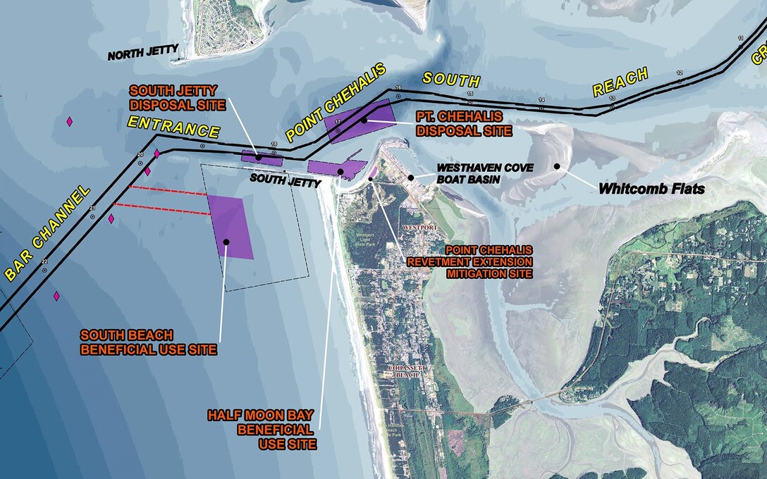 Image of an aerial map showing a shoreline with drop off sites identified and marked.