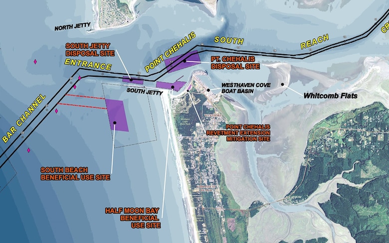 Image of an aerial map showing a shoreline with drop off sites identified and marked.