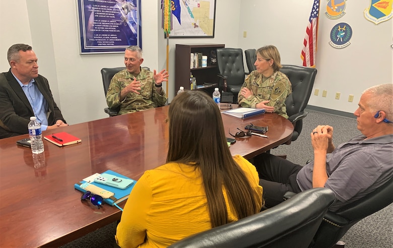 Los Angeles District Commander Col. Julie Balten, 355th Mission Support Group Commander Air Force Col. Casey Bartholomew and staff discuss the possibility of future partnerships during a meeting March 14 at Davis-Monthan Air Force Base in Tucson, Arizona. Bartholomew also holds the position of deputy base civil engineer. The U.S. Army Corps of Engineers is overseeing seven construction and renovation projects at the base.