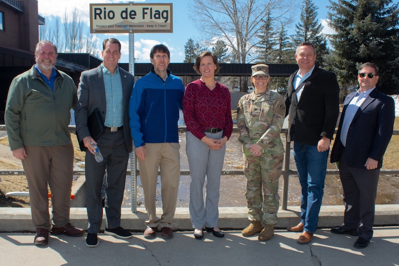 The U.S. Army Corps of Engineers Los Angeles District command team and City of Flagstaff leaders and consultants meet at Rio de Flag after a meeting discussing the project March 17 in Flagstaff, Arizona.