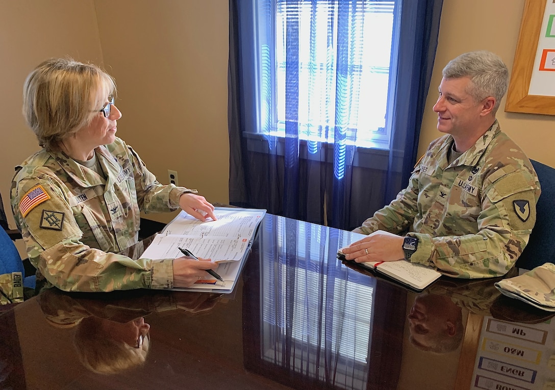 Los Angeles District Commander Col. Julie Balten and Fort Huachuca Garrison Commander Col. Johnny Ives discuss construction projects at the installation March 14 near Sierra Vista, Arizona. One of the projects discussed, the Ground Transport Equipment building, will create additional vehicle storage at the installation.