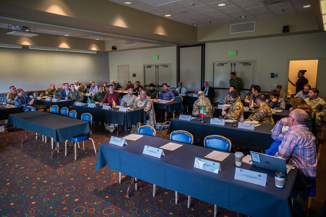 Participants in an initial planning conference for Global Sentinel ’24 introduce themselves at Vandenberg Space Force Base, Calif., Feb. 28, 2023. Between virtual and in-person attendees, the IPC had approximately 80 participants from 24 countries. (U.S. Space Force photo by Tech. Sgt. Luke Kitterman)