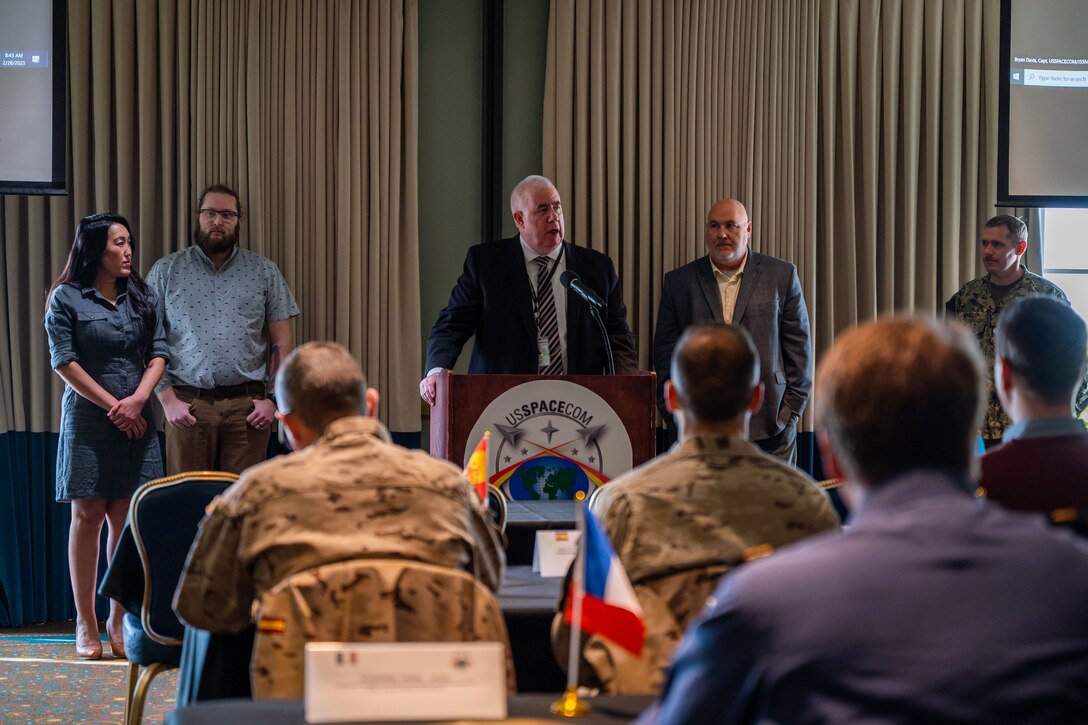 Dr. Stephen Fahey, Global Sentinel ‘24 lead engineer, addresses attendees at an initial planning conference held at Vandenberg Space Force Base, Calif., Feb. 28, 2023. The IPC was a 3-day event and marks one of the first steps toward the GS24 capstone event scheduled to take place in February next year. (U.S. Space Force photo by Tech. Sgt. Luke Kitterman)