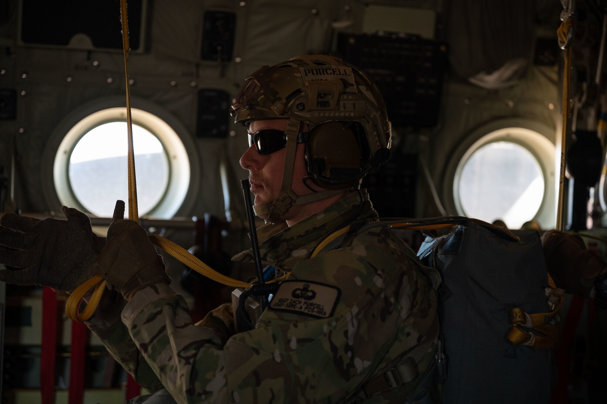 U.S. Air Force Staff Sgt. Zachary Purcell, a 414th Combat Training Squadron Survival, Evasion, Resistance and Escape specialist, prepares to execute a static line jump during Red Flag-Nellis 23-2 at Nellis Air Force Base, Nevada, March 16, 2023.