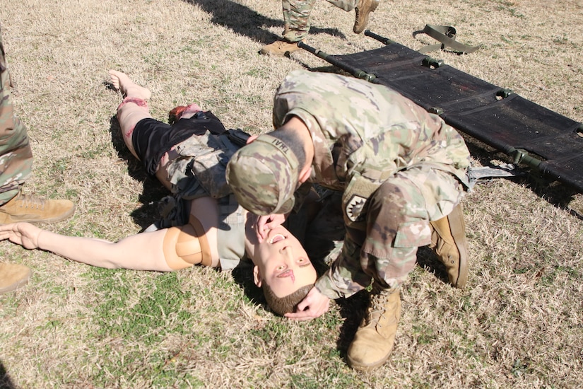 Spc. Thai, uses the TC3X Mannequin to simulate clearing an injured Soldiers airway.
Combat Medic Specialists (68W) from various Reserve and National Guard units reported to the Tass Training Center (TTC) Lee for the 80th Training Command’s 94th Training Division’s 68W recertification training.
