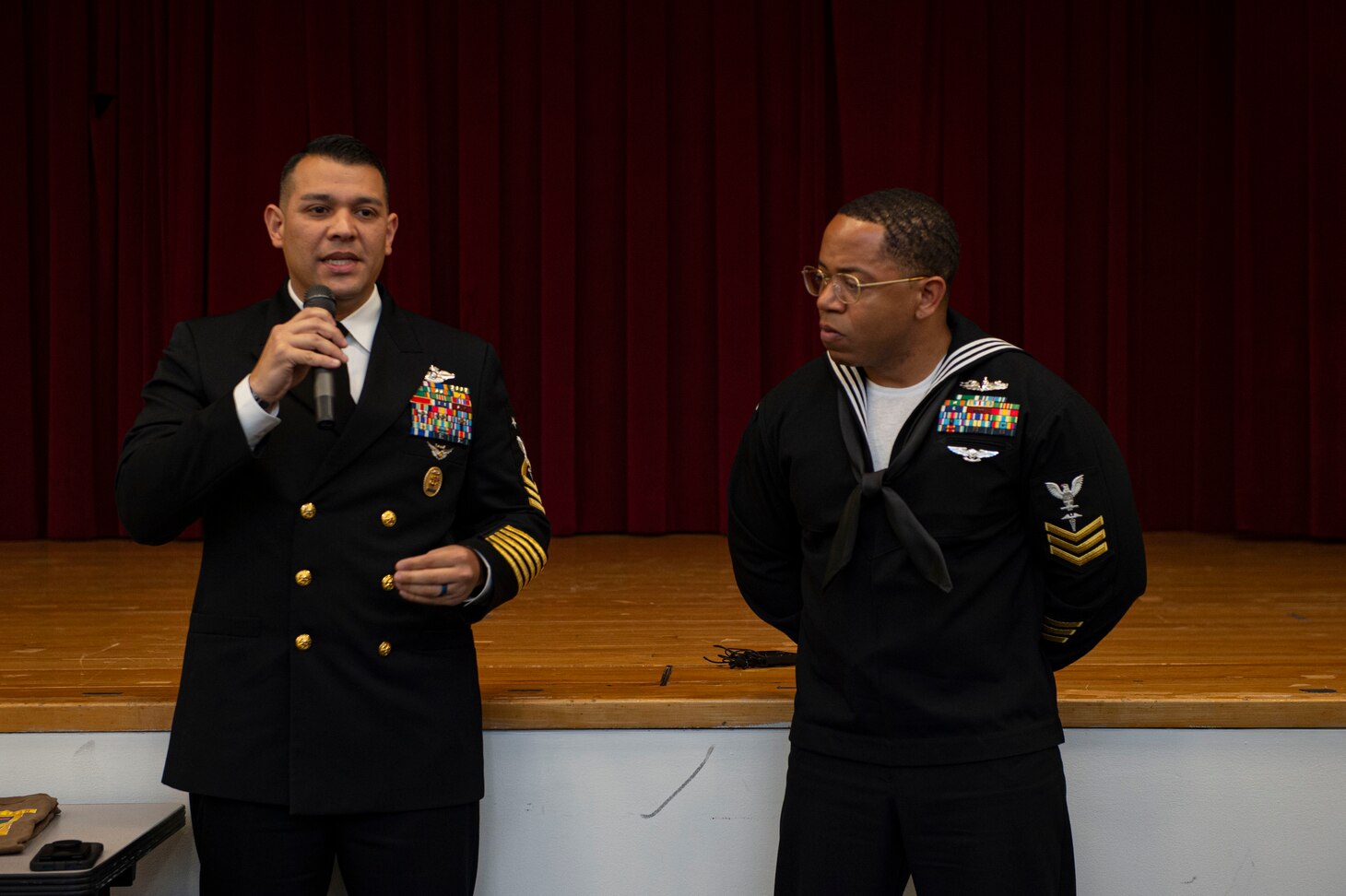 Master Chief Hospital Corpsman Frank Garza, the command master chief for Navy Medicine Readiness and Training Command (NMRTC) Rota, left, congratulates Hospital Corpsman 1st Class Travis Hunter, assigned to NMRTC Rota, on being recognized as the 2022 Regional Naval Medical Forces Atlantic (NMFL) Sailor of the Year (SOY) onboard Naval Support Activity (NSA) Portsmouth-Annex, March 24, 2023.