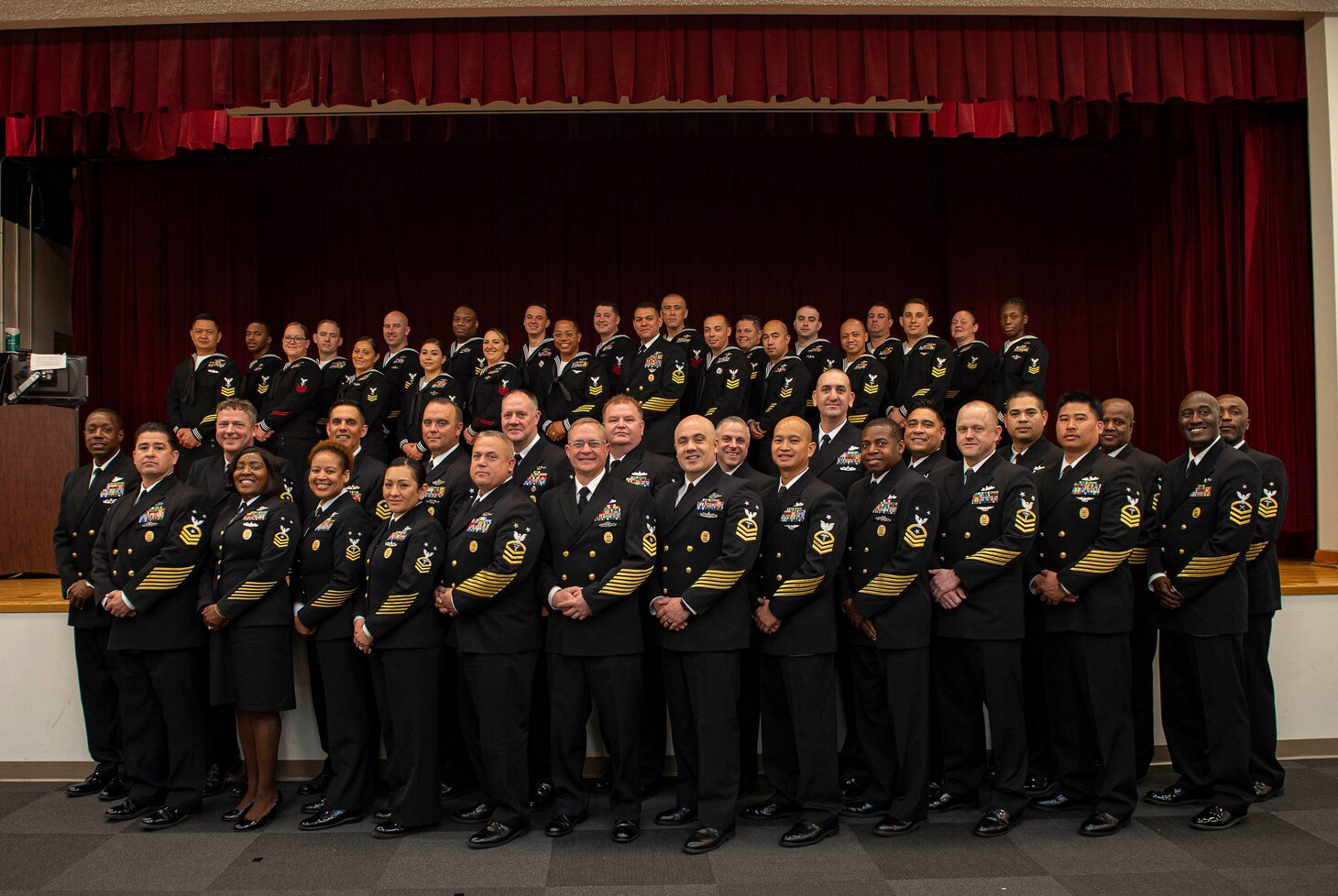 The 2022 Regional Naval Medical Forces Atlantic (NMFL) Sailor of the Year (SOY) recipient Hospital Corpsman 1st Class Travis Hunter, assigned to Navy Medicine Readiness and Training Command (NMRTC) Rota, takes a group photo with SOY finalists, senior enlisted leaders, and command master chiefs during a ceremony onboard Naval Support Activity (NSA) Portsmouth-Annex, March 24, 2023.