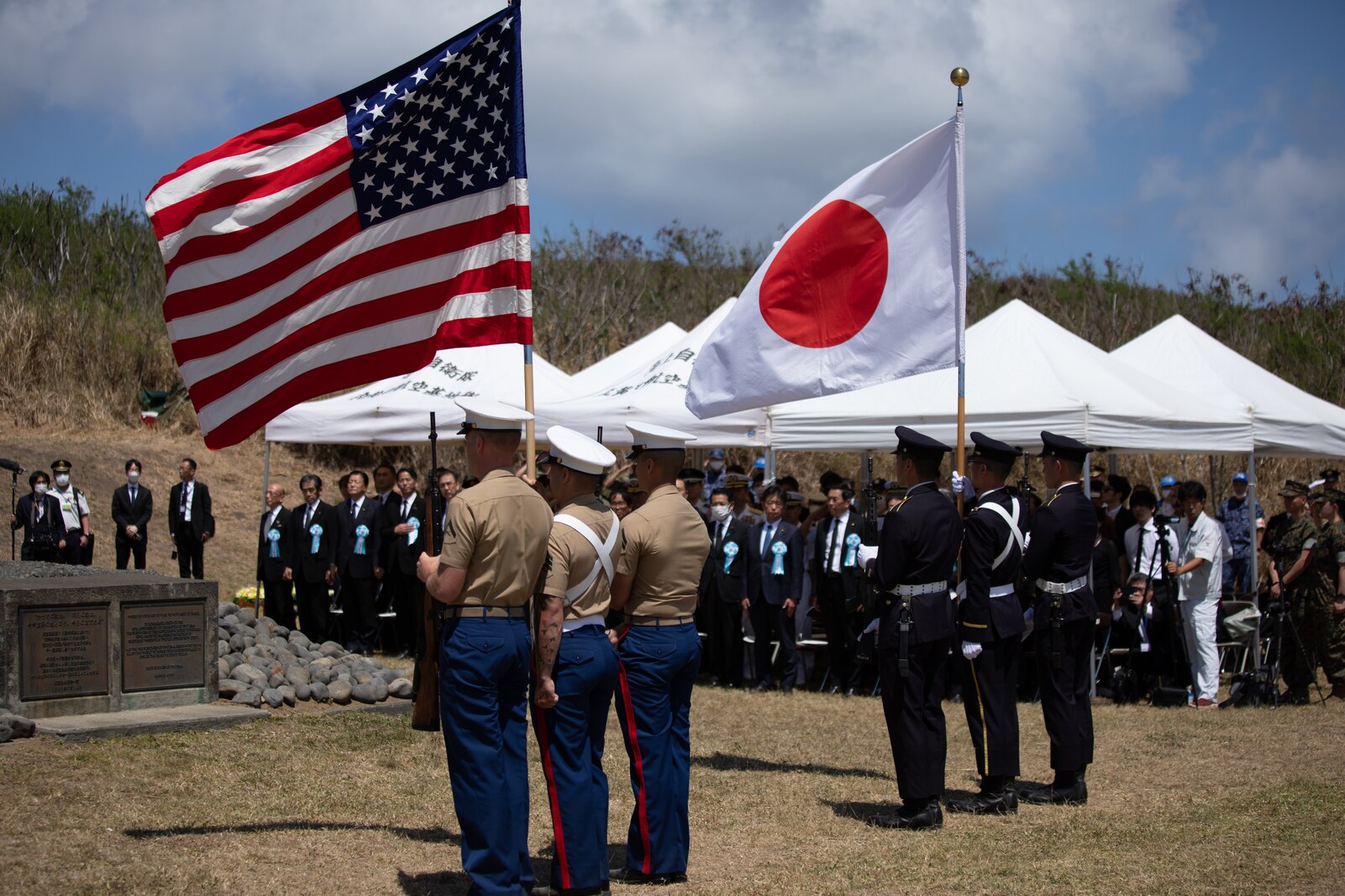 The Reunion of Honor ceremony is held annually to bring together leaders from the U.S. and Japan, veterans, distinguished guests, and their family members to pay tribute to service members lost during the Battle of Iwo Jima, and is a testament to the ironclad U.S.-Japan alliance which has blossomed over the past 78 years. (U.S. Marine Corps photo by Lance Cpl. Sebastian Riveraaponte)