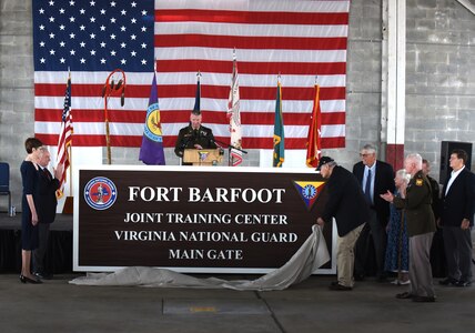 The Virginia National Guard’s Fort Pickett was officially redesignated Fort Barfoot in honor of Col. Van T. Barfoot, a World War II Medal of Honor recipient with extensive Virginia ties, during a ceremony March 24, 2023, at the Blackstone Army Airfield near Blackstone, Virginia. Barfoot’s daughter, Margaret Nicholls; Sen. Tim Kaine; Lt. Gen. Jon Jensen, director of the Army National Guard, and Maj. Gen. Timothy P. Williams, the adjutant general of Virginia, spoke at the ceremony and unveiled the sign that will mark the front entrance of the installation.