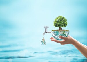 Graphic shows hands holding half an earth with a tree on top and a water faucet off the side with a drop of water coming off it.