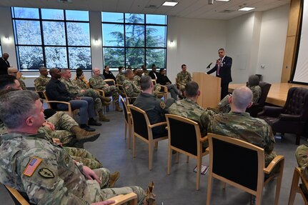 Members of the 113th Wing, D.C. Air National Guard, participate in a ‘brown bag’ discussion as part of an extended Black History Month series at Joint Base Andrews, Md., March 21, 2023.  Maj. Donald “Don” R. Cravins, Jr., spoke to Capital Guardians and civilians about his role as the first Under Secretary of Commerce for Minority Business Development where he leads the Minority Business Development Agency (MBDA). (U.S. Air Force photo by Master Sgt. Arthur Wright)