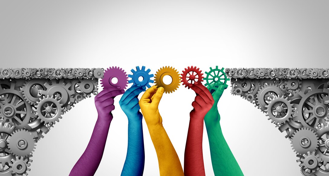 A graphic of five multicolored arms reaching up with gears and cogs to provide a bridge between two platforms.