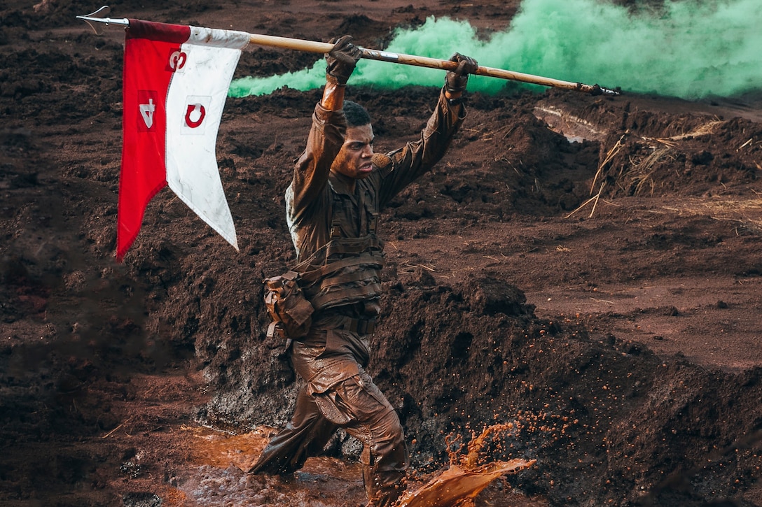A soldier carrying a flag walks through mud surrounded by green smoke.
