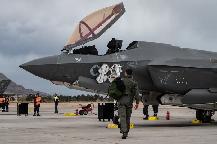 An Israeli Air Force pilot walks to an F-35I Adir prior to a Red Flag-Nellis 23-2 mission at Nellis Air Force Base, Nevada, March 15, 2023.