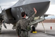 An Israeli Air Force pilot prepares an F-35I Adir for takeoff prior to a Red Flag-Nellis 23-2 mission at Nellis Air Force Base, Nevada, March 15, 2023.