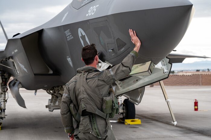 An Israeli Air Force pilot prepares an F-35I Adir for takeoff prior to a Red Flag-Nellis 23-2 mission at Nellis Air Force Base, Nevada, March 15, 2023.