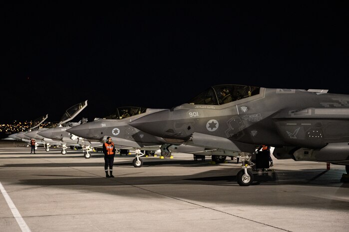 Israeli Air Force members wait for F-35I Adirs to launch for a Red Flag-Nellis 23-2 mission at Nellis Air Force Base, Nevada, March 16, 2023.