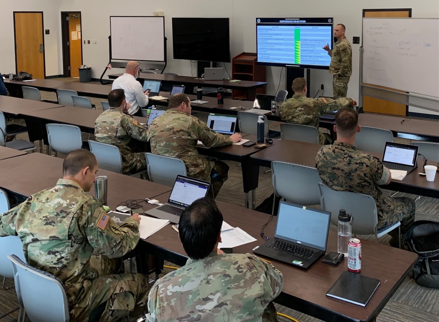 U.S. Army Maj. Dwight Bundy, West Virginia National Guard Ridge Runner operations officer in charge, briefs participants of the Ridge Runner Irregular Warfare Exercise (RR IWX) 23-01 mid planning conference March 24, 2023, at Camp Dawson in Kingwood, West Virginia. The RR IWX planning conference attendees confirmed training objectives, coordinated exercise support, and refined the scenario prior to the inaugural June exercise being held in West Virginia, which will provide validation for deploying U.S. special forces elements. (Courtesy Photo)