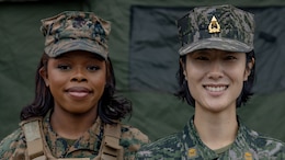 U.S. Marine Corps Cpl. Kristi Boseman, an administrative clerk with Marine Aircraft Wing Headquarters Squadron 1, 1st Marine Aircraft Wing, III Marine Expeditionary Force, left, and Republic of Korea Marine Corps Chief Warrant Officer Kim Sat Byeol, an exercise support officer with ROK Marine Corps Headquarters, right, stand together during exercise Freedom Shield 23, at Marine Corps Base Camp Mujuk, Republic of Korea, March 22, 2023. Freedom Shield is a defense-oriented exercise designed to strengthen the ROK-U.S. Alliance, enhance our combined defense posture, and strengthen security and stability on the Korean peninsula.