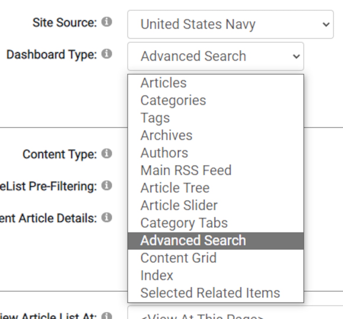 Supporting image showing how to set up the Advanced Search option in the Navy skin