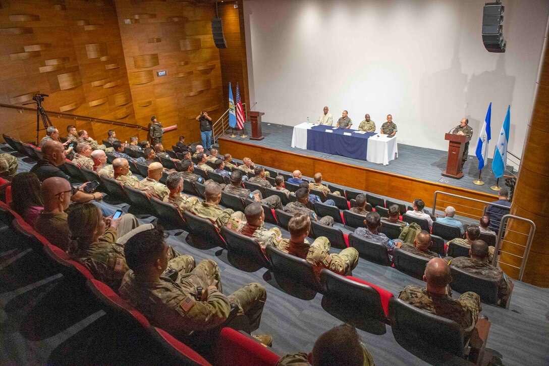 Multinational military personnel attend an opening ceremony for CENTAM Guardian 23 in Guatemala City.