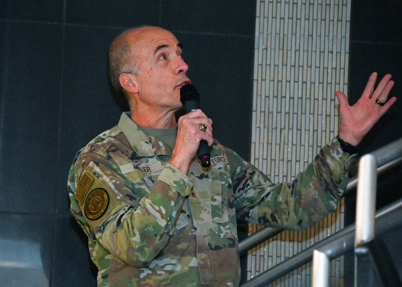Lt. Gen. Robert Miller, Surgeon General, Headquarters U.S. Air Force, U.S. Space Force, the Pentagon, speaks during the MHS Genesis event