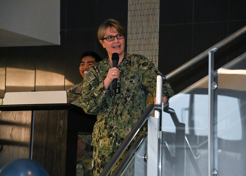 Rear Admiral Anne M. Swap, director, National Capital Region Market, Defense Health Agency, speaks at the MHS Genesis event