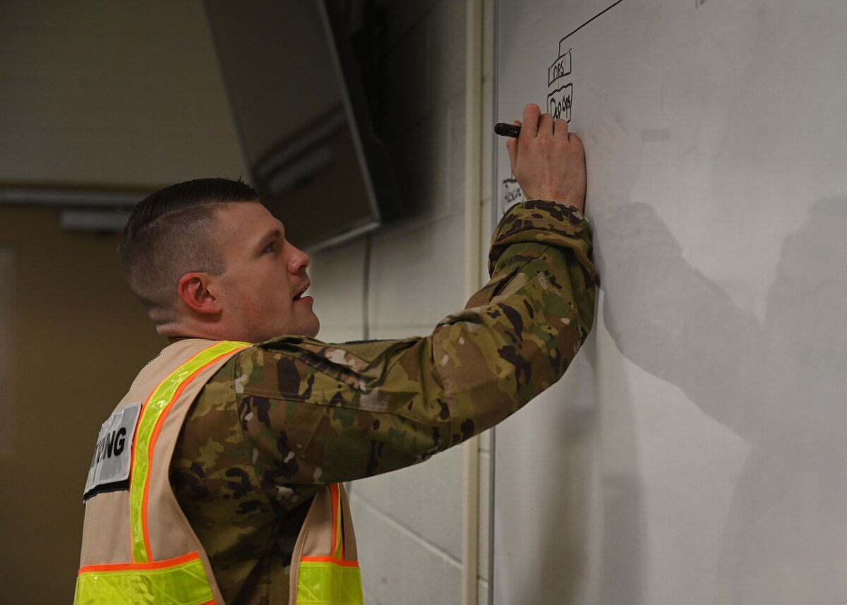 U.S. Air Force Tech. Sgt. Lance Hendricks creates an organizational chart during an exercise at Goodfellow Air Force Base, Texas, March 21, 2023. The Incident Command Post uses the organizational chart to help the team understand the responsibilities of each group. (U.S. Air Force photo by Airman 1st Class Zach Heimbuch)