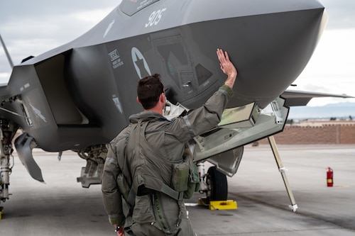 An Israeli Air Force pilot prepares an F-35I Adir for takeoff prior to a Red Flag-Nellis 23-2 mission at Nellis Air Force Base, Nevada, March 15, 2023.