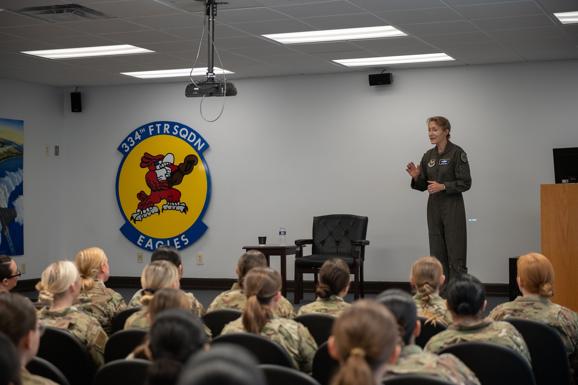 Maj. Gen. Jeannie Leavitt, Air Force Chief of Safety and Air Force Safety Center commander, speaks to female Airmen assigned to the 4th Fighter Wing during a Female Airmen Huddle at Seymour Johnson Air Force Base, North Carolina, Feb. 28, 2023. The Huddle was an opportunity for Airmen to ask Leavitt questions. (U.S. Air Force photo by Airman 1st Class Rebecca Sirimarco-Lang)