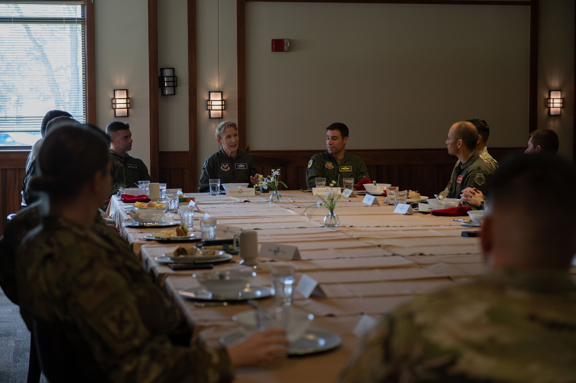 Maj. Gen. Jeannie Leavitt, Air Force Chief of Safety and Air Force Safety Center commander, speaks with Airmen assigned to the 4th Fighter Wing at luncheon at Seymour Johnson Air Force Base, North Carolina, Feb.28, 2023. Leavitt spoke with commanders about her experiences in the U.S. Air Force before opening to questions. (U.S. Air Force photo by Airman 1st Class Rebecca Sirimarco-Lang)