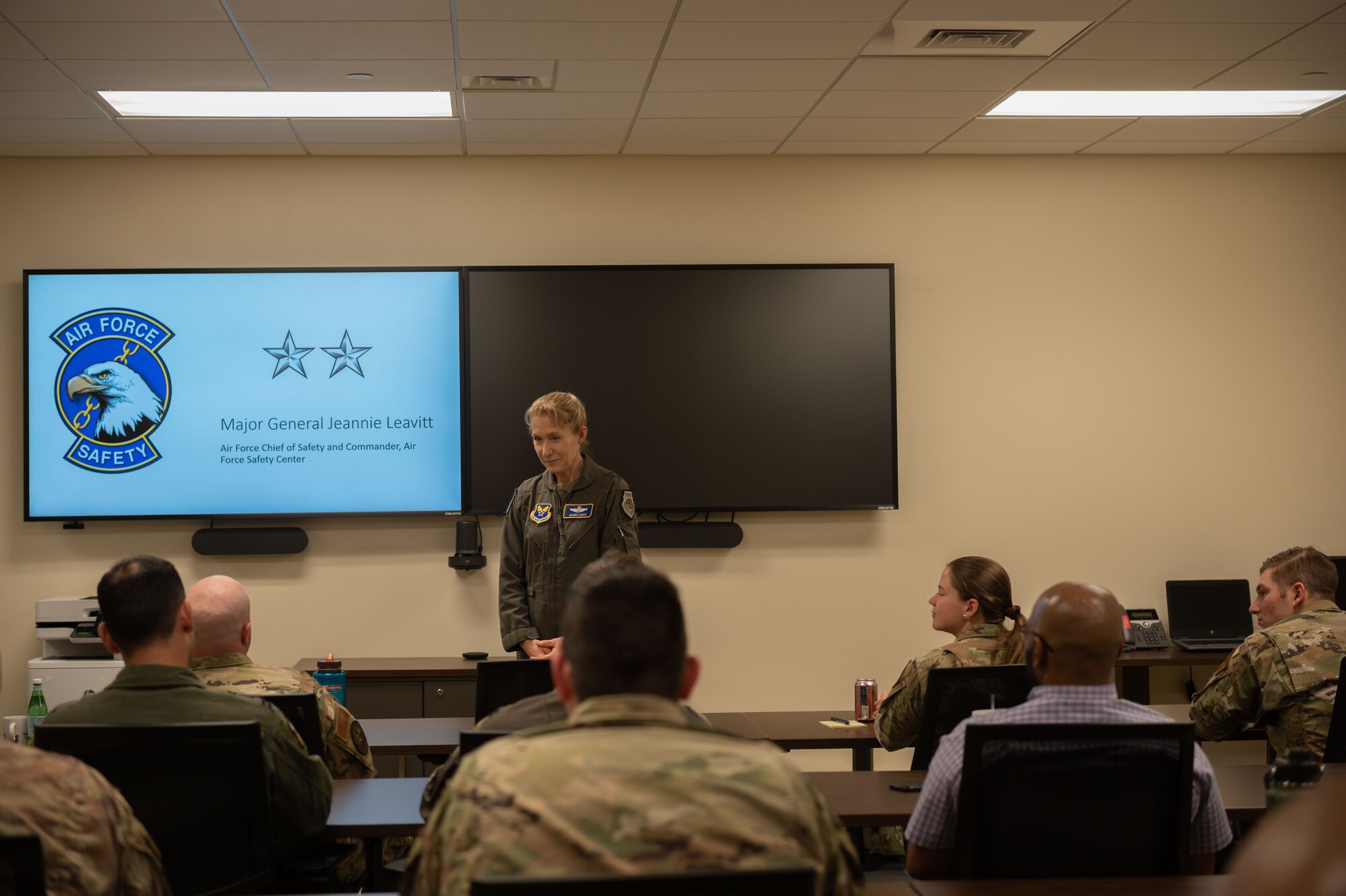 Maj. Gen. Jeannie Leavitt, Air Force Chief of Safety and Air Force Safety Center commander, speaks with 4th Fighter Wing safety senior leaders at Seymour Johnson Air Force Base, North Carolina, Feb. 28, 2023. Leavitt and Airmen discuss their perspective on safety and recognized high performance Airmen. (U.S. Air Force photo by Airman 1st Class Rebecca Sirimarco-Lang)