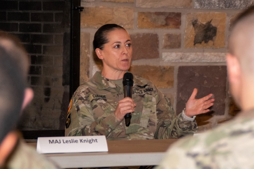 Army Command Sgt. Maj. Shannon Cullen, command sergeant major, Eastern Army Aviation Training Site (EAATS), addresses a question during the Pennsylvania National Guard’s Women’s History Month Celebration at the Keystone Conference Center here March 23. “In my field of aviation there isn’t a lot of senior-level enlisted people. Probably part of the reason I’ve hung around until I’m 50 years old, is I want females in the military – especially aviation for me personally – to see that anything you want to do is possible,” Cullen said. (Pennsylvania National Guard photo by Wayne V. Hall)