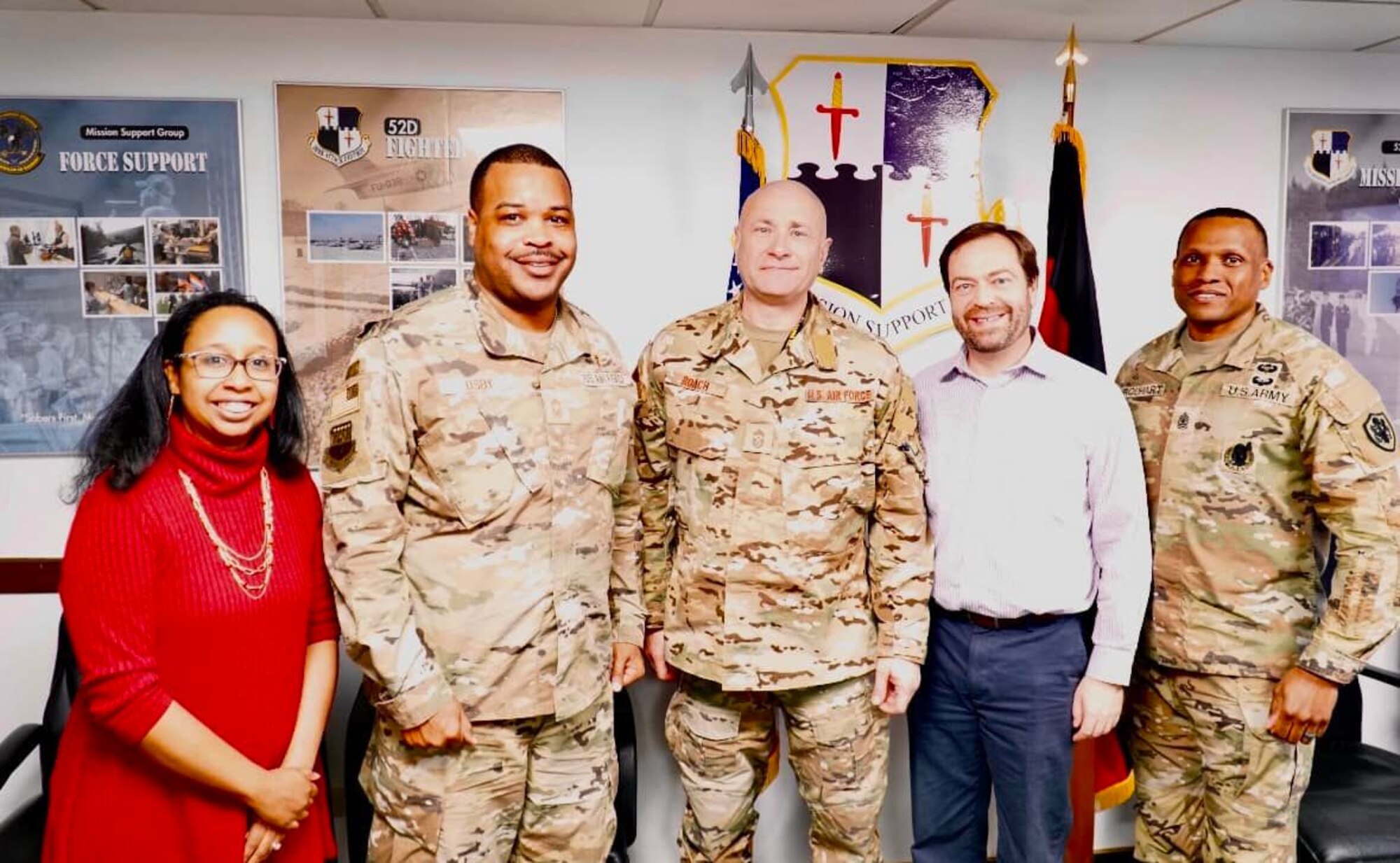 Pictured in photo left to right: Spangdahlem Exchange General Manager Jessica Dean, Exchange Senior Enlisted Advisor Chief Master Sgt. Kevin Osby, 52 FW Command Chief Master Sgt. Toby Roach, 52 MSG Deputy Director Russell Oster, and Exchange Europe/Africa/Southwest Asia Region Senior Enlisted Advisor Sgt. Maj. Jason Urquhart. (Courtesy photo of Marisa Connor)
